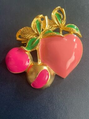 Vintage Signed M. Jent Pink Cherry Enamel Brooch Gold Tone Fruit Pin